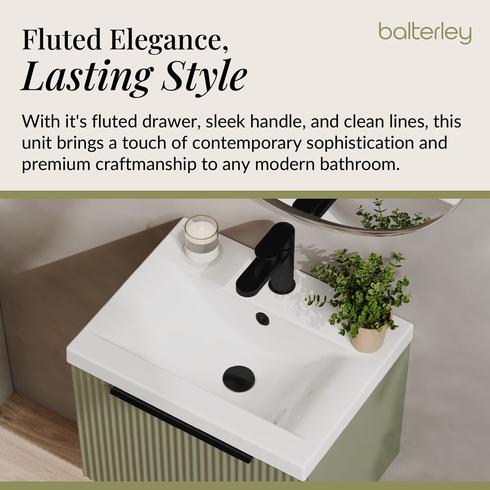image 1 of Balterley Fluted Front Wall Hung Single Drawer Bathroom Vanity Unit with 1 Tap Hole Ceramic Basin, Handles | Green | Satin Green