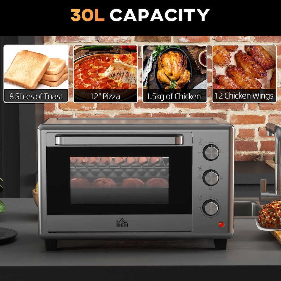 image 1 of HOMCOM 30L Mini Oven with Adjustable Temperature, 60 Min Time 1600W, Silver
