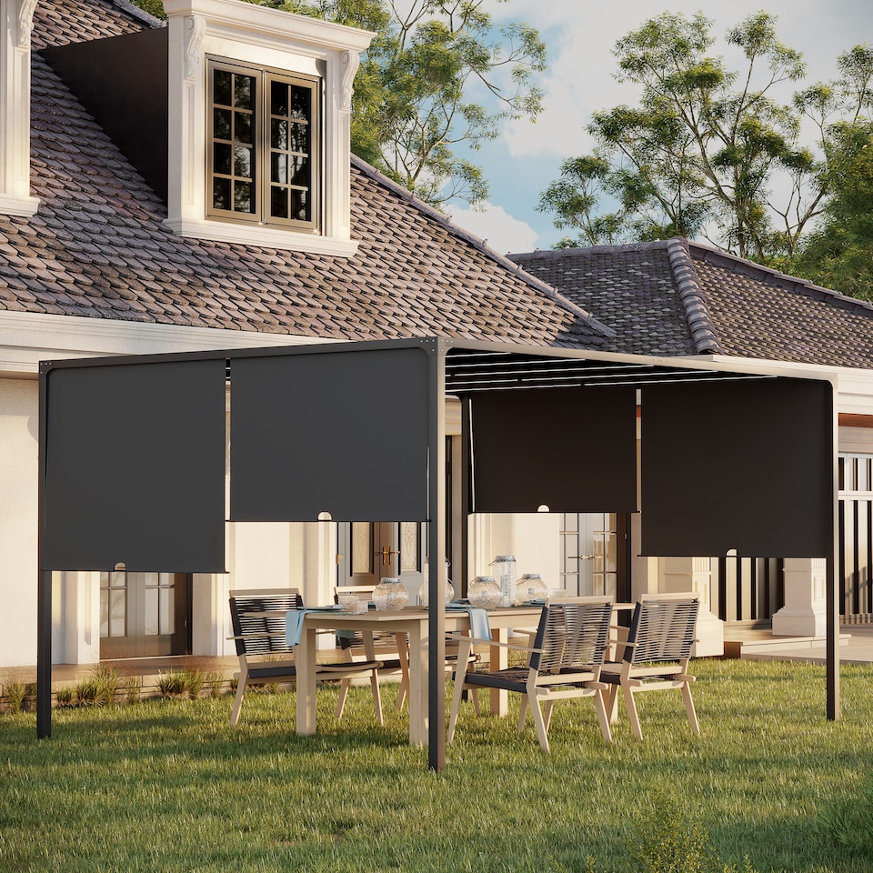 image 1 of Outsunny 3m x 4m Pergola with Solar LED Lights, Garden Gazebo with Sliding Roof, Steel Frame, Outdoor Sun Shade Shelter for Patio Balcony Porch, Dark Grey