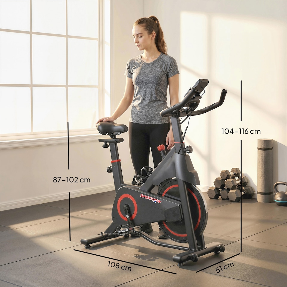 image 1 of SPORTNOW Exercise Bike, Stationary Bike with Adjustable Magnetic Resistance | Red | Red and Black | 108L x 51W x 104-116H cm