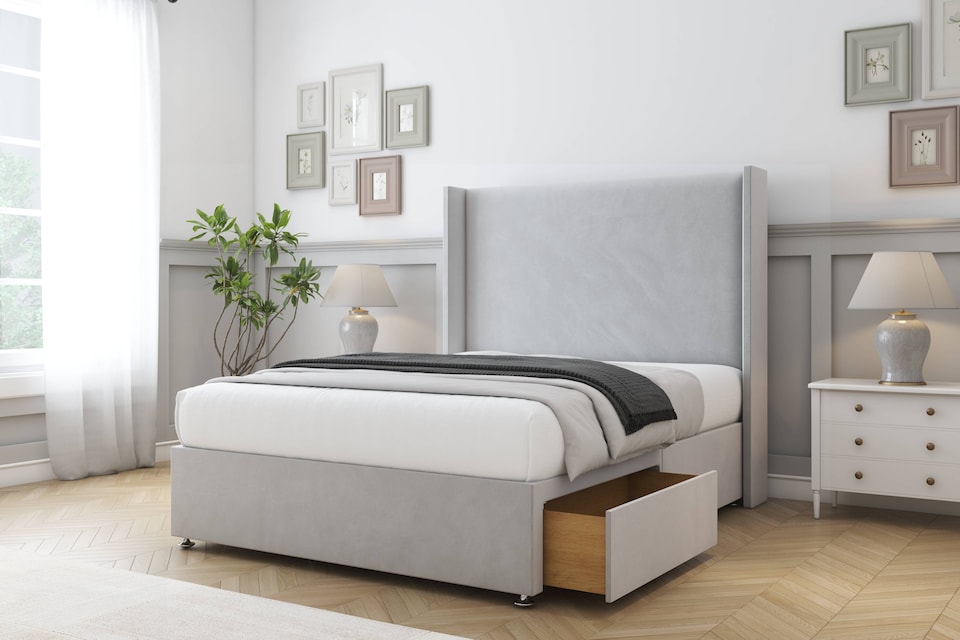 image 1 of Sloomy Devonshire Silver Plush Divan Bed Base 2 Drawers Foot-End With 54 Inch Wingback Headboard | Silver | Silver | Super King | 1