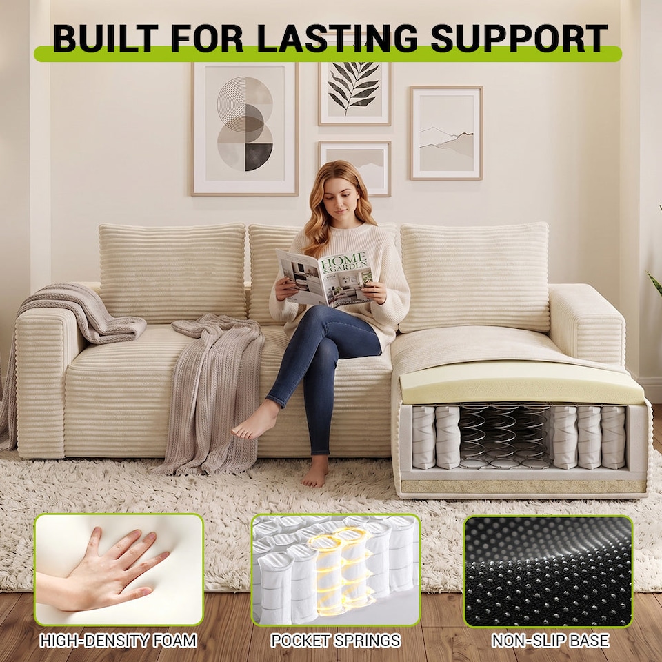 image 1 of Rattantree L Shaped Modular Sofa Corduroy Sectional Couch With Chaise