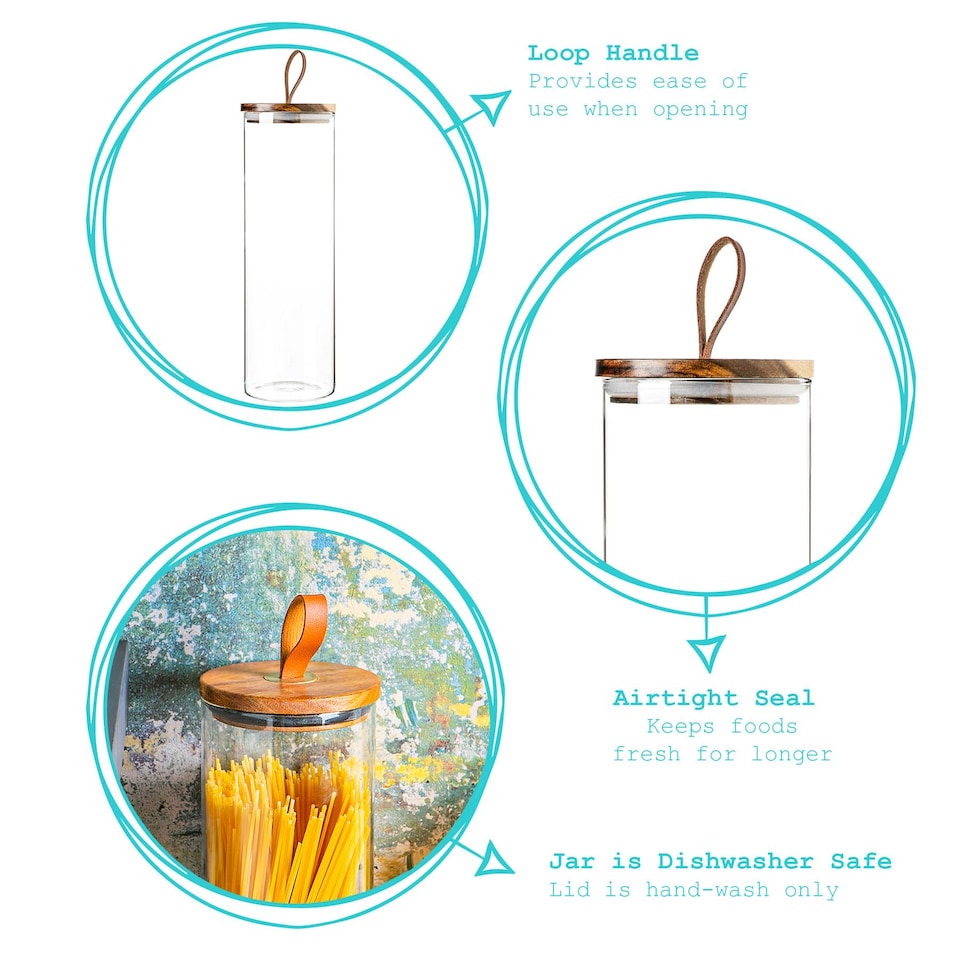image 1 of Argon Tableware Glass Storage Jars with Wooden Lids - Leather Loop - 2 Litre - Pack of 3
