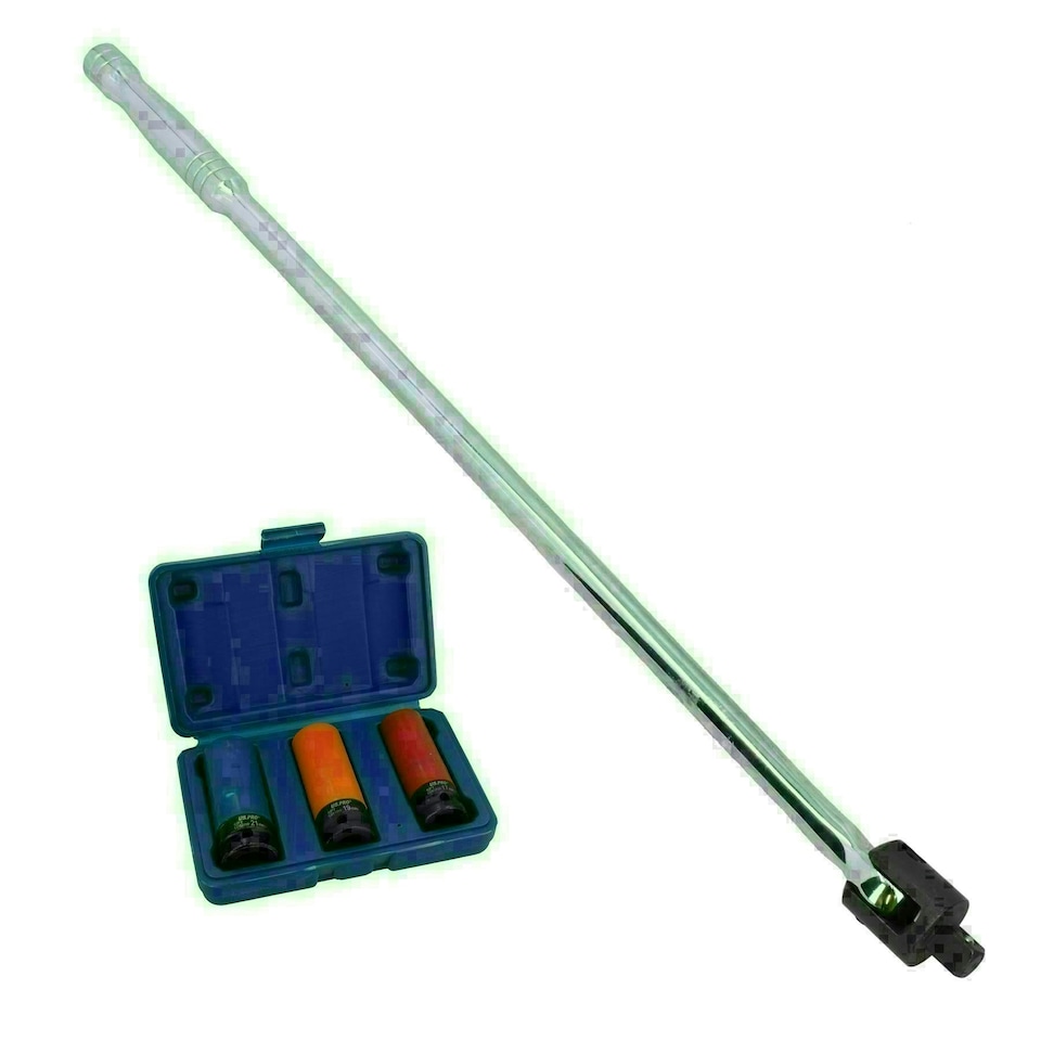 image 1 of 24inch 1/2" Drive Breaker Bar + 3pc Impacted Metric Alloy Wheel Nut Sockets