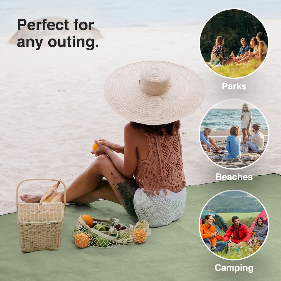 image 1 of VonShef Picnic Blanket - Green Herringbone