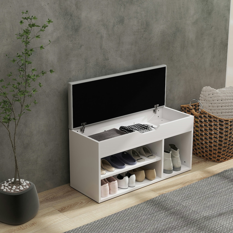 image 1 of HOMCOM Sit-On Shoe Storage Unit w/ Hidden Compartment Handles Cream