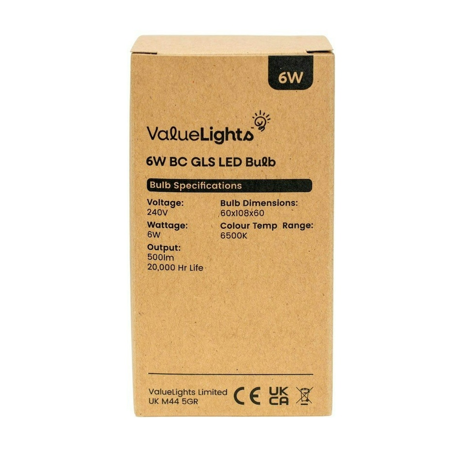 image 1 of ValueLights 2 Pack B22 White Plastic GLS LED 6W Cool White 6500K 500lm Light Bulb