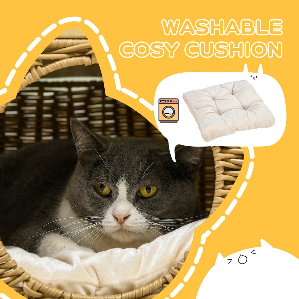 image 1 of PawHut Elevated Design Wicker Cat House with Washable Cushion, Light Brown
