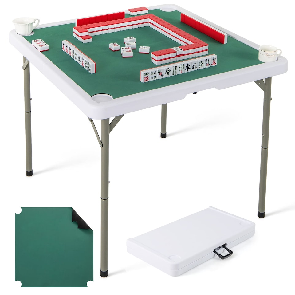 90CM Folding Mahjong Table 4 Player Game Card Table w/Cup Holders-Green ...