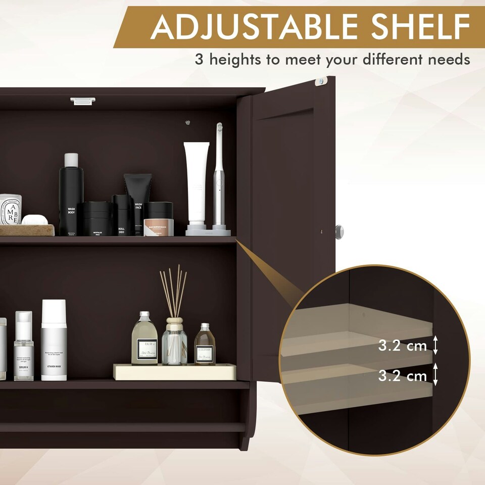 image 1 of COSTWAY Wall Mounted Bathroom Cabinet Medicine Storage Brown Brown