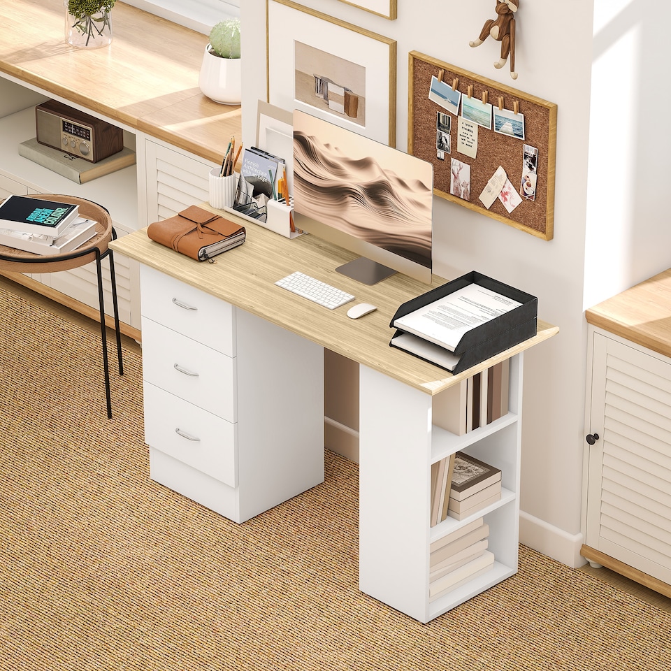 image 1 of HOMCOM Computer Desk, Writing Table, PC Workstation with 3 Storage Shelves and Drawers, Silver Handle, for Home Office, Natural Wood Finish and White | Brown