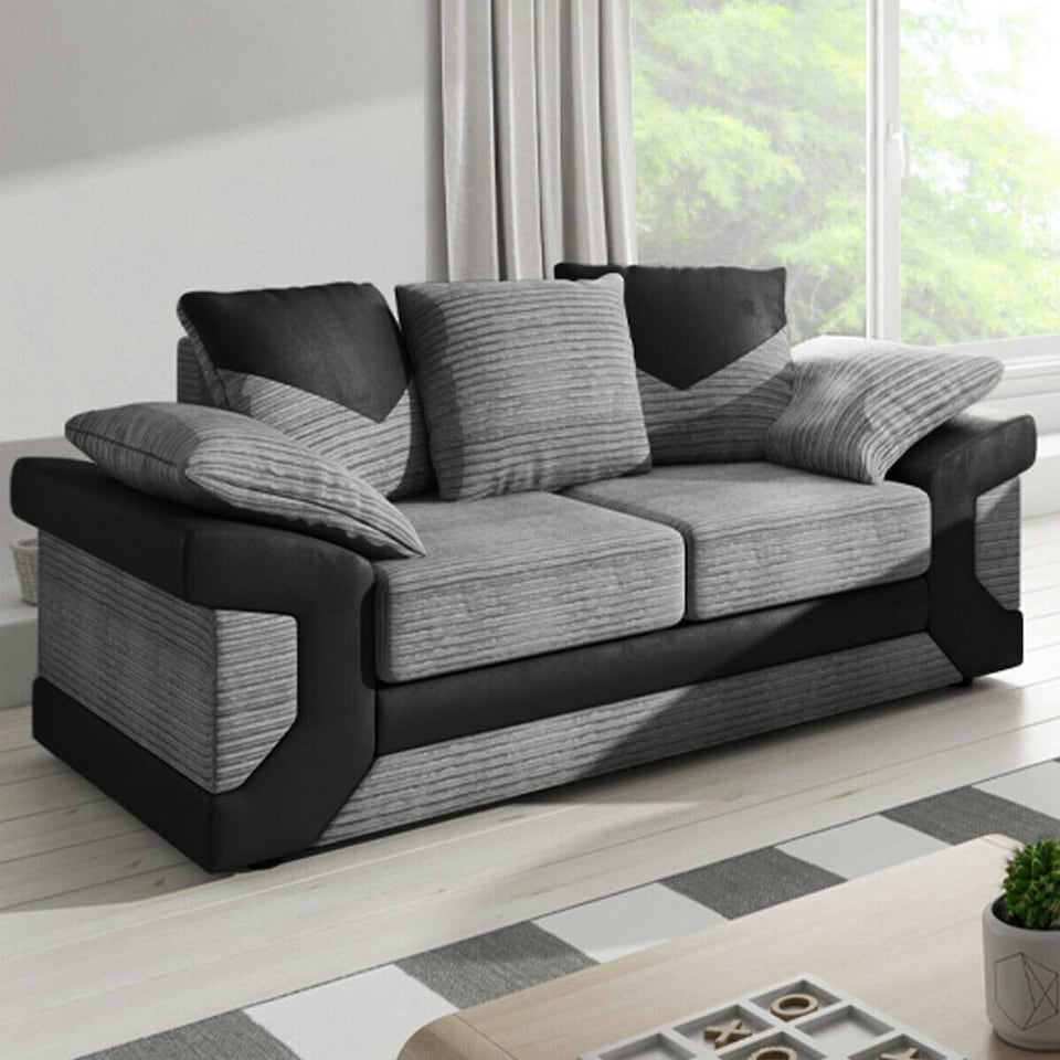 image 1 of Toledo 5 Seater Grey Jumbo Cord 3+2 Sofa Set With a Modern Black Leather Trim Grey | A  sleek black leather trim