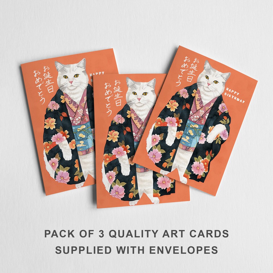 image 1 of White Cat Kimono Birthday Card Japanese Floral Set of 3 Greeting Cards Blank
