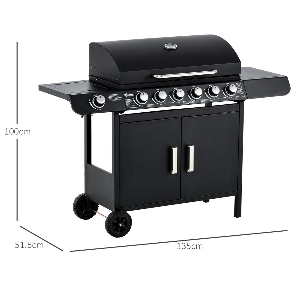 image 1 of Outsunny 6+1 Burner Gas BBQ Grill Garden Barbecue with Wheels, Cabinet