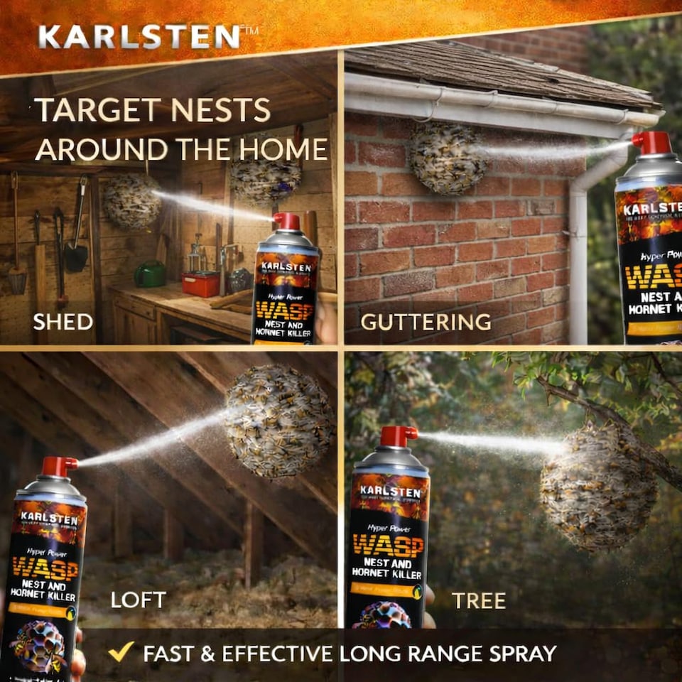 image 1 of Karlsten Hyper Power Wasp Nest & Hornet Killer Spray - 600ml High Strength Long Range 5 Metre Spray for Indoor and Outdoor