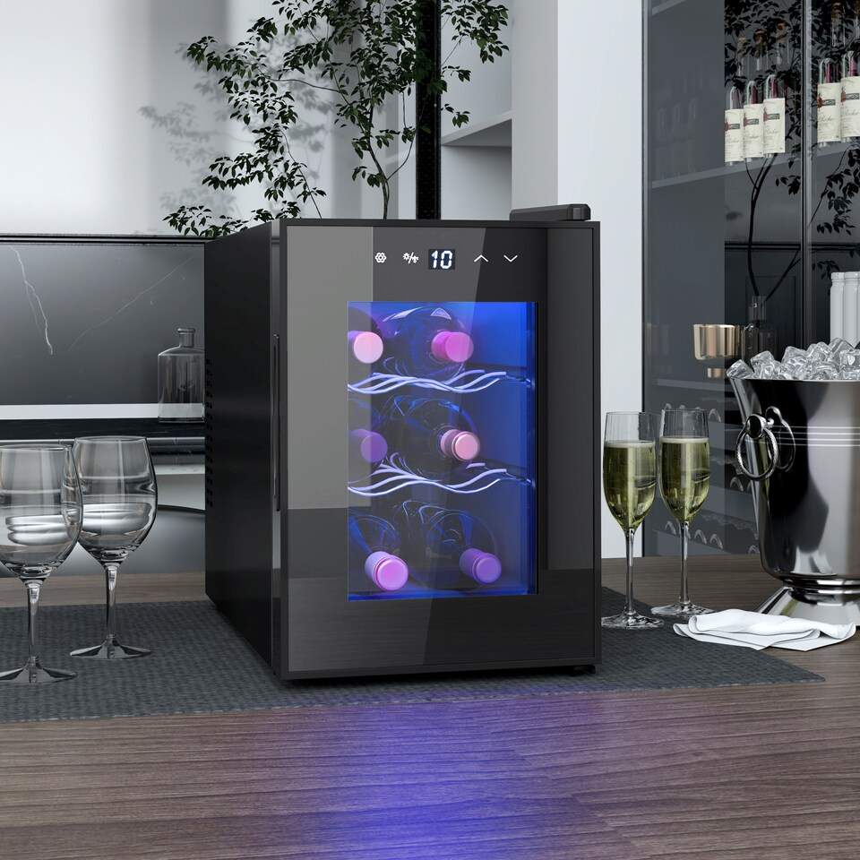 image 1 of HOMCOM Mini Table Top Wine Fridge, 6 Bottle, 17L, 8-18℃, 26.5cm Quiet Under Counter Wine Cooler Fridge with Glass Door, LED Light, Digital Touch Screen, Temperature Control