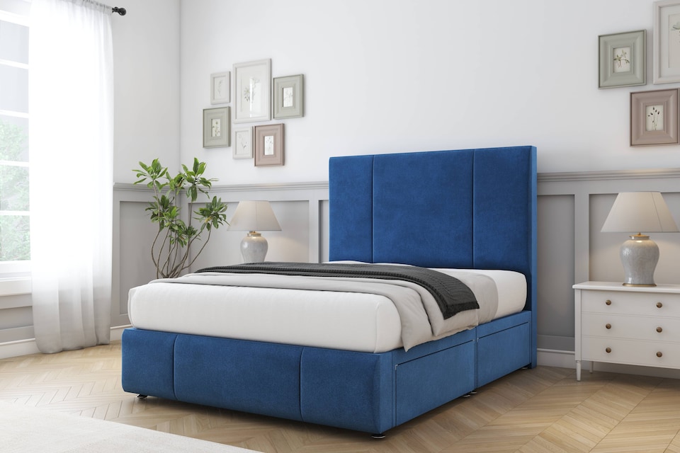 image 1 of Sloomy Lisbon Navy Plush Divan Bed With Mattress 2 Drawers Left Side With 54" Floor Standing Headboard & 12" Matching Footboard 6' Super King | Blue | Navy | Super King | 1