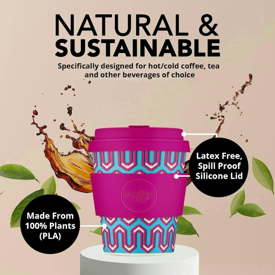 image 1 of Ecoffee Cup 8oz 240ml Reusable Eco-Friendly 100% Plant Based Coffee Cup with Silicone Lid & Sleeve - Melamine Free Travel Mug N/A | Messages From The Unseen World