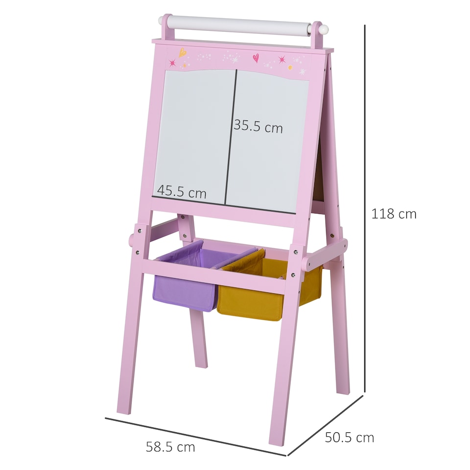 image 1 of HOMCOM Kids Wooden Art Easel with Paper Roll Double-Sided Chalkboard, Whiteboard | Pink | Pink