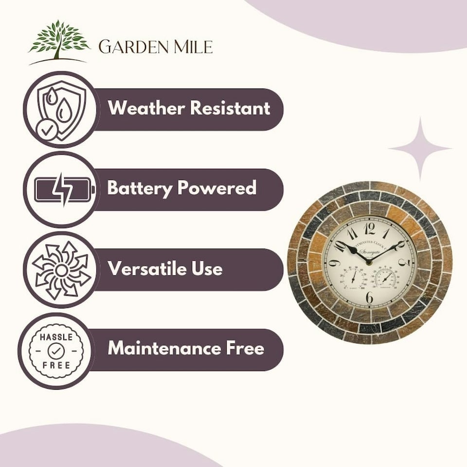 image 1 of Marco Paul 34cm Stone Slate Outside Clock and Thermometer | Multi