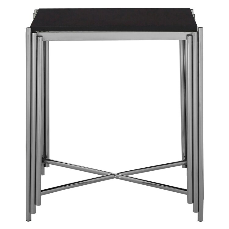 Art Deco Black Granite Side Table,silver Finished Bedside Table,round Table By Couch,decorative Table Black
