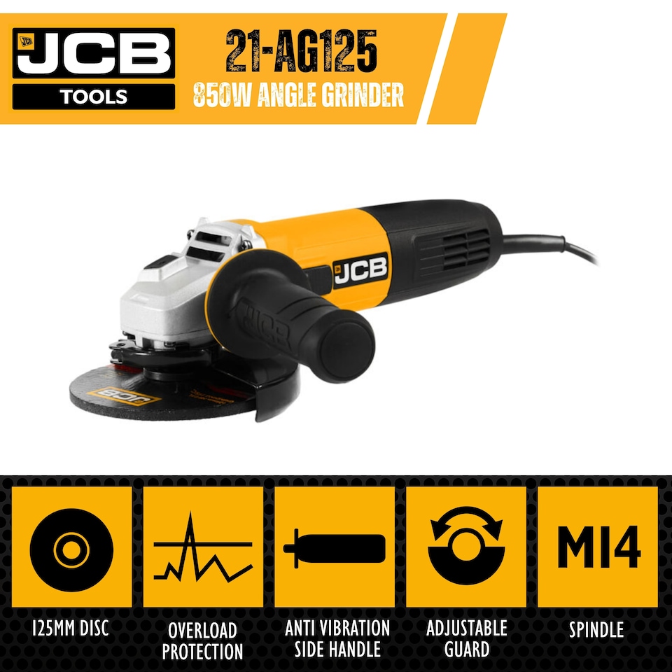 image 1 of JCB 125mm 5 inch Electric Angle Grinder, 850W, 240V, M14 Thread