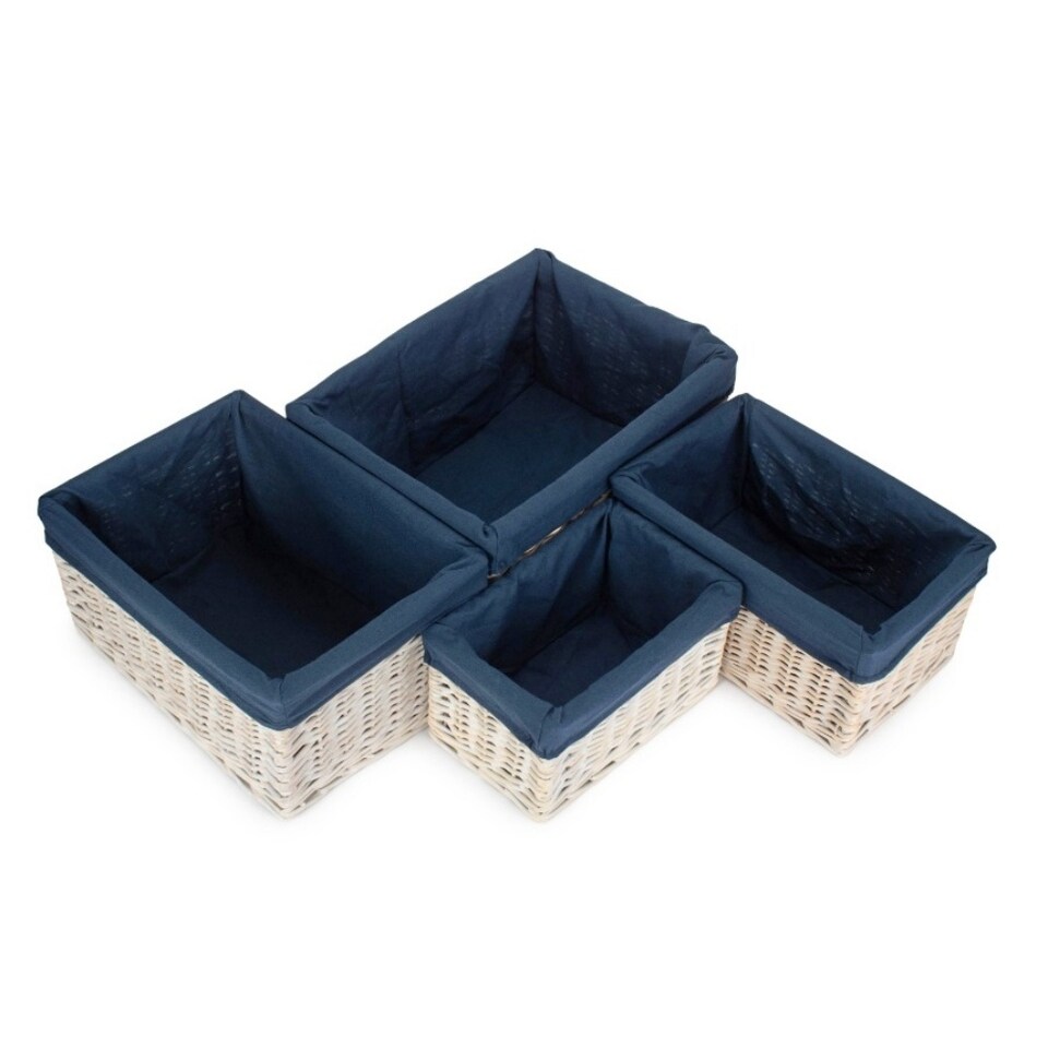 image 1 of Set of 4 White Wash Navy Lined Open Storage Baskets | Blue | Blue | Not provided