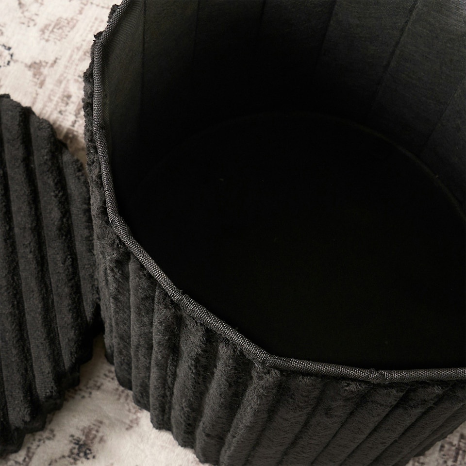 image 1 of OHS Soft Fleece Ribbed Round Foldable Footstool Seat Storage Organiser Ottoman Black