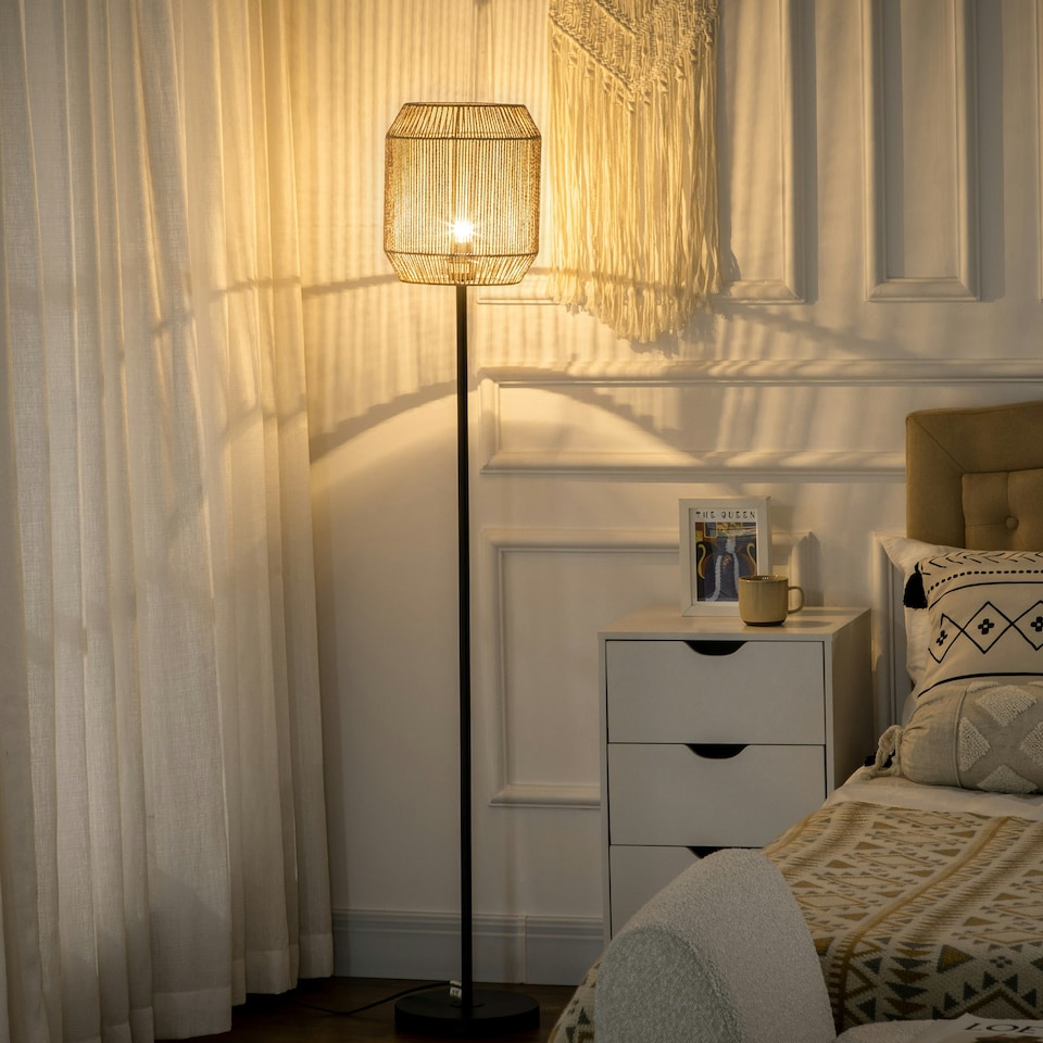 image 1 of HOMCOM Farmhouse Floor Lamp for Living Room Bedroom with Rattan Wicker, Natural