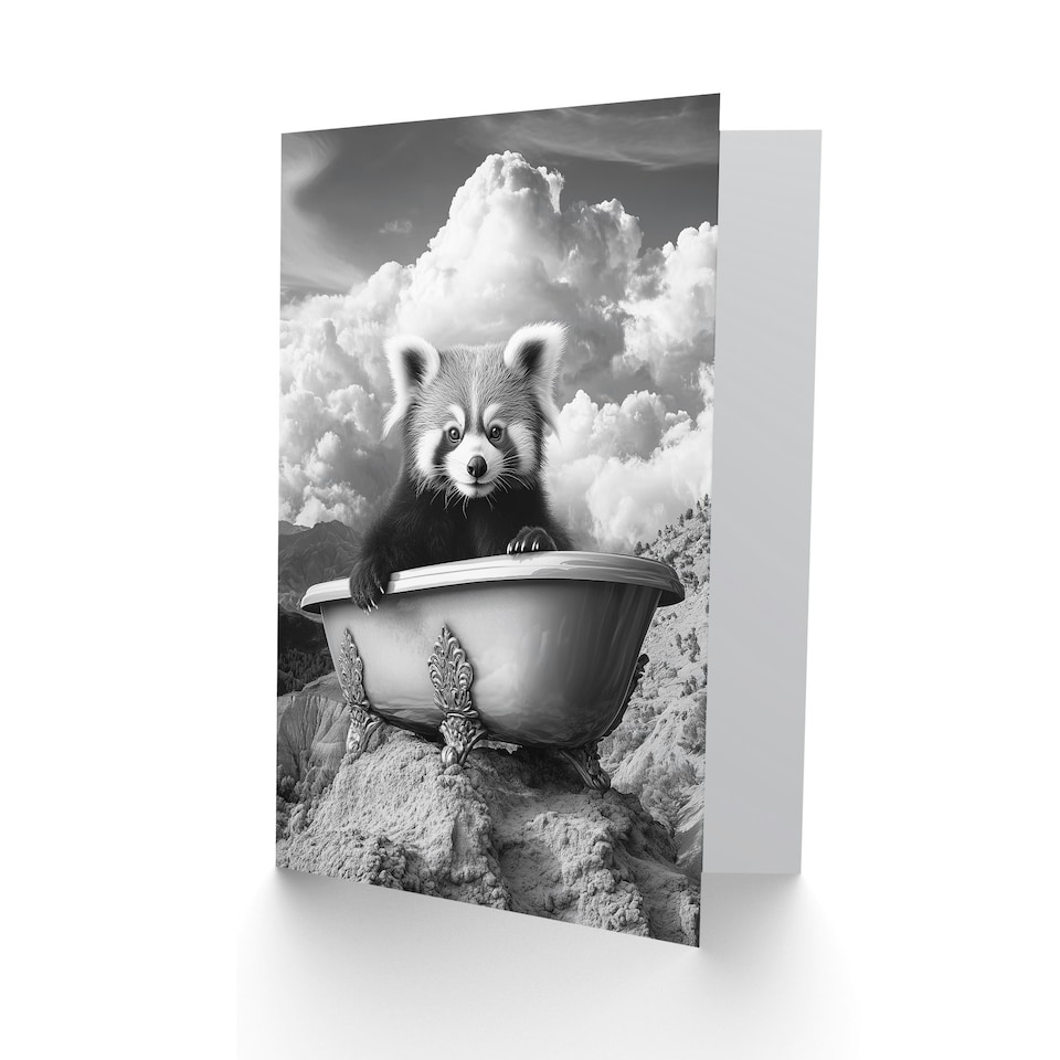 image 1 of Red Panda in Bathtub on Hill Black White Surreal Birthday Greeting Card