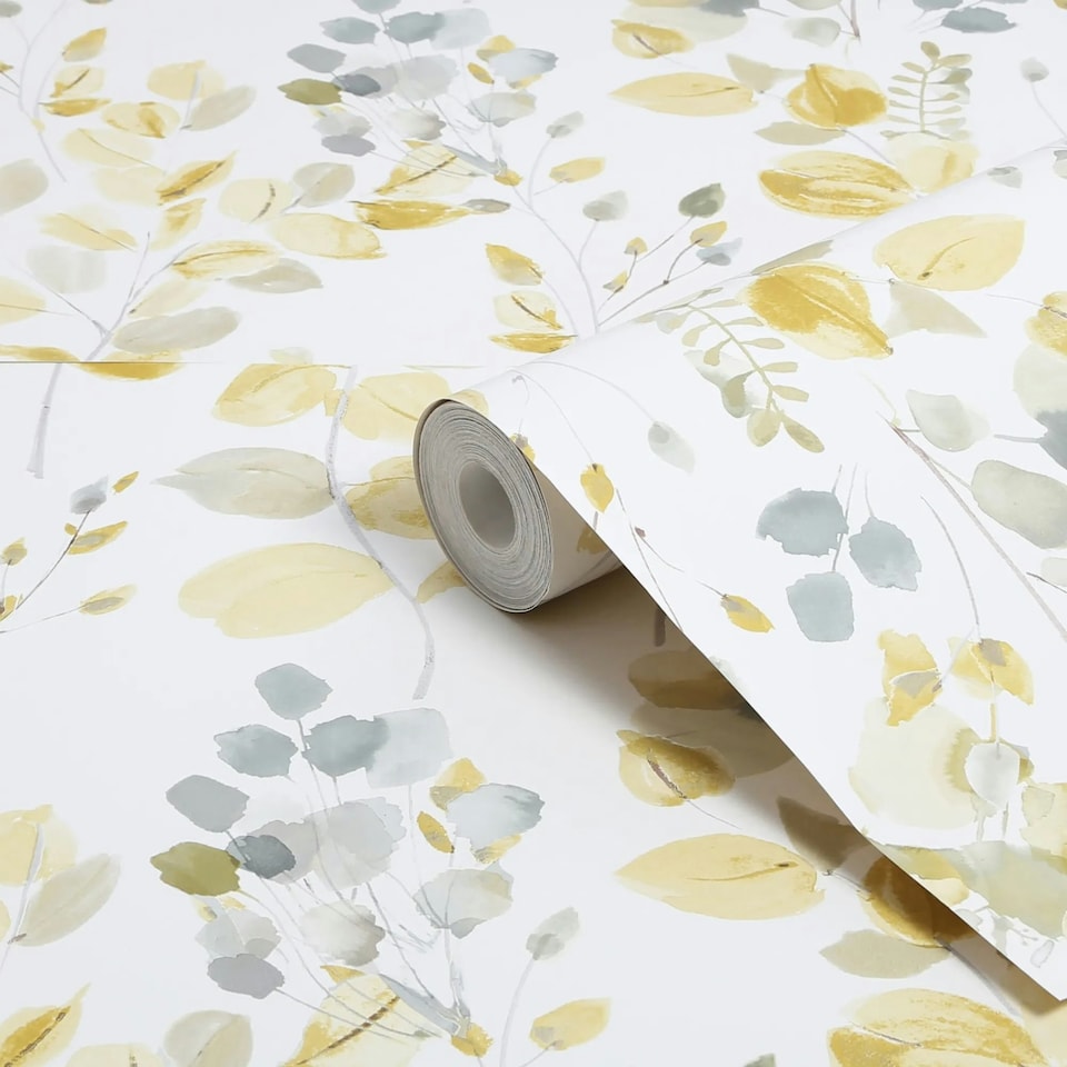 image 1 of Fresco Watercolour Leaves Ochre Wallpaper | Yellow | Yellow | 10m Length x 52cm Width