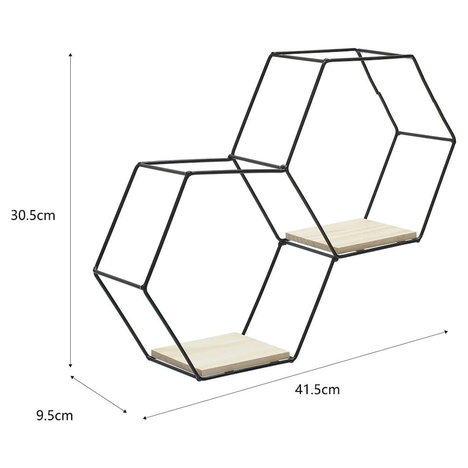 image 1 of Living and Home Iron Wall Mounted 2 Tier Hexagon Floating Dispaly Shelves- Black