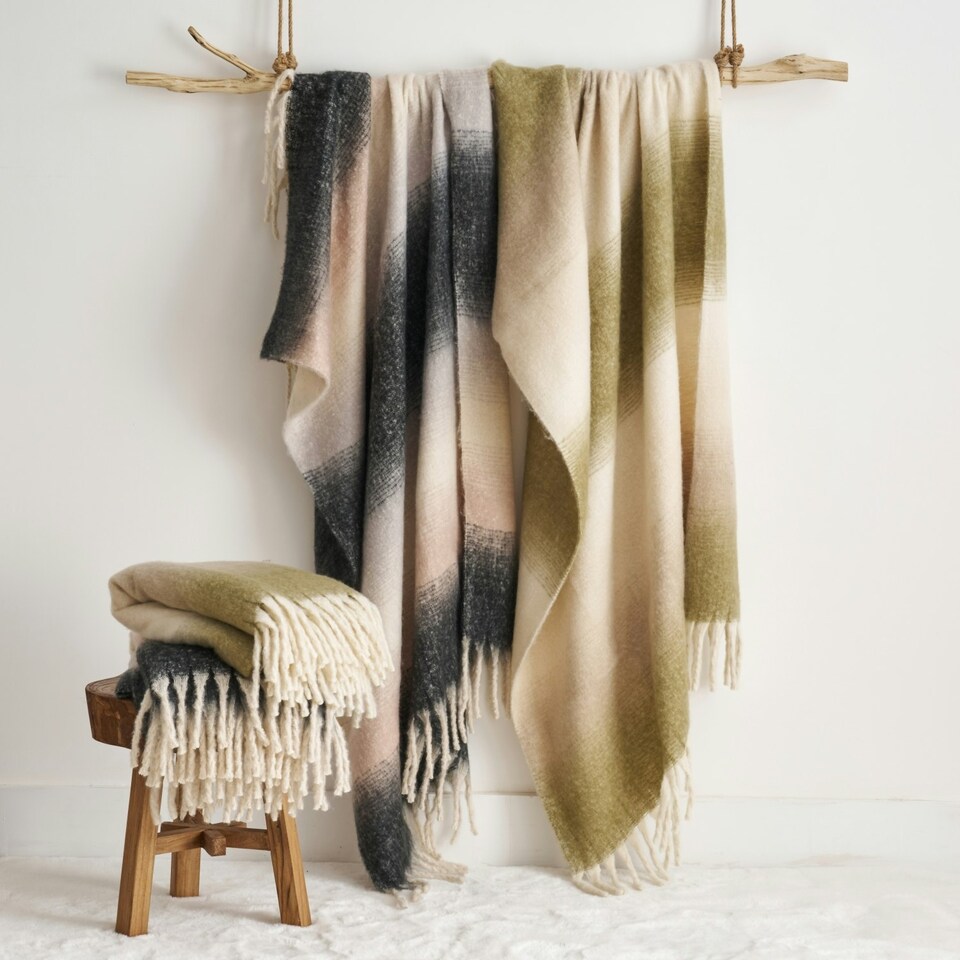 image 1 of Ombre Faux Mohair Throw - Soft, Stylish, Fringed Blanket Green
