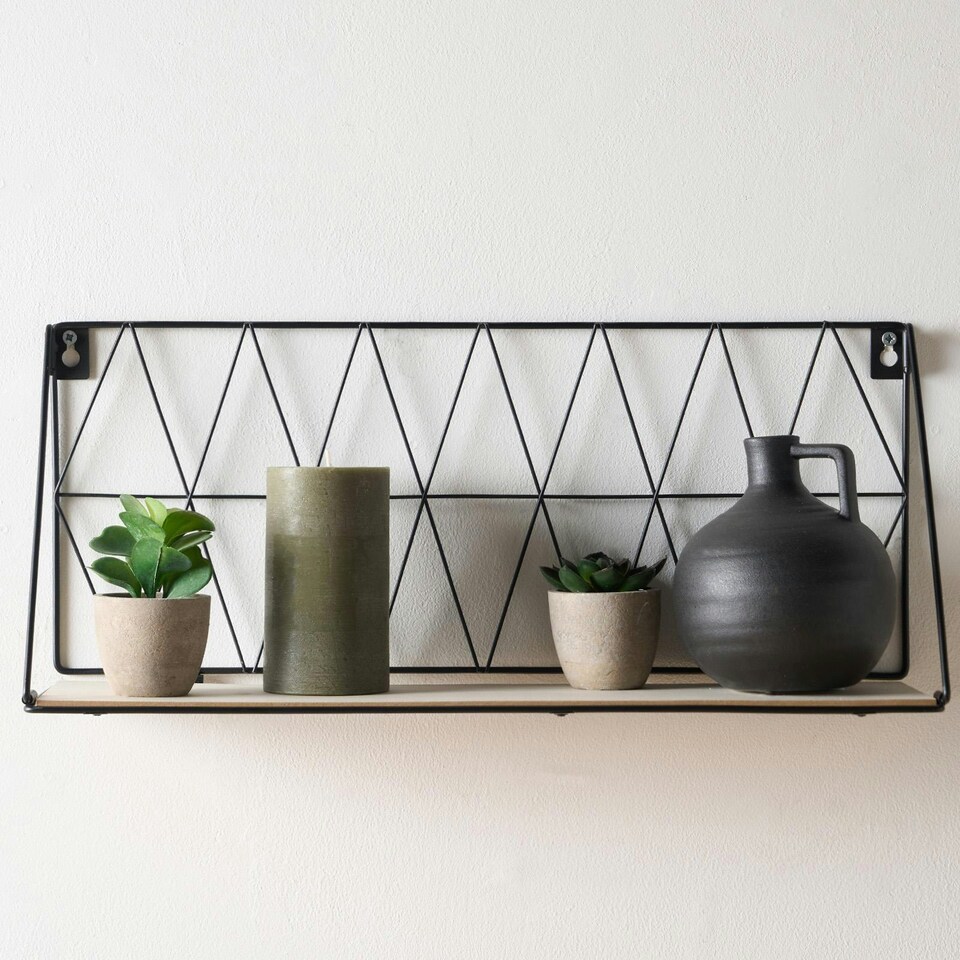 image 1 of OHS Geometric Wire Hanging Wooden Wall Mounted Display Storage Organiser Shelf - Black
