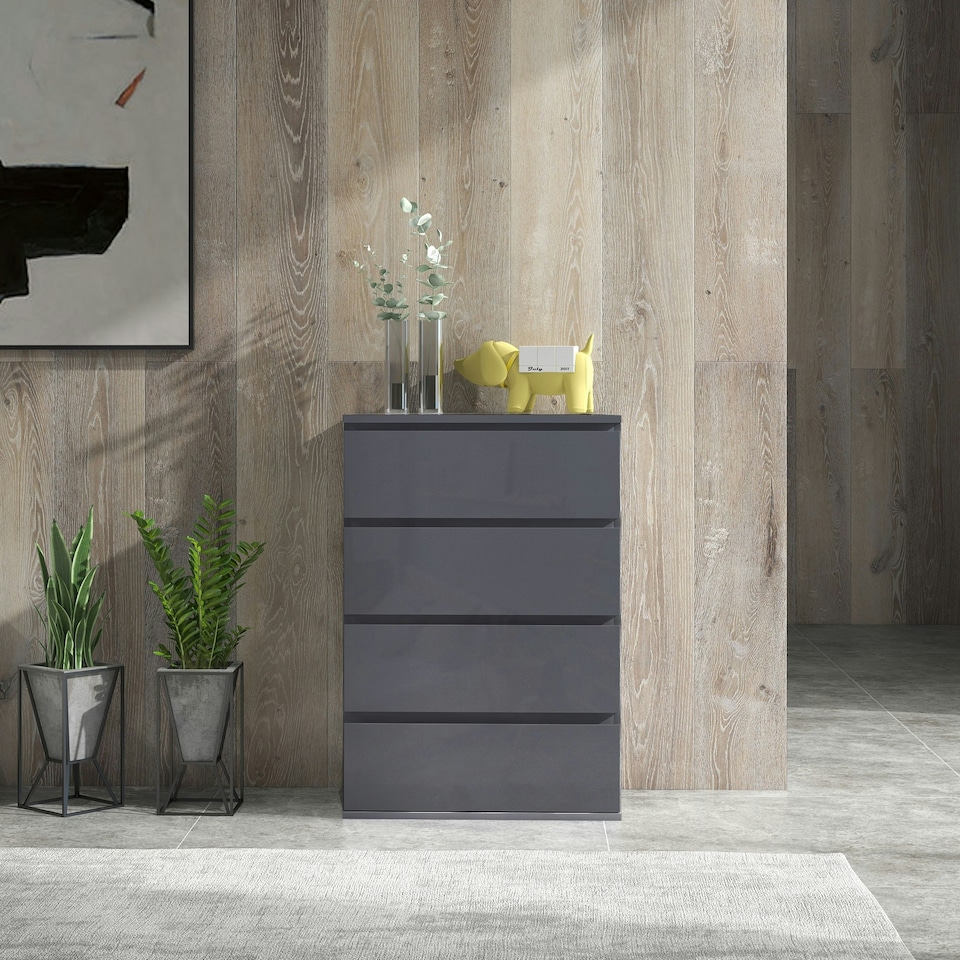 image 1 of HOMCOM Bedroom Chest of Drawers, High Gloss 4 Drawers Dresser, Grey