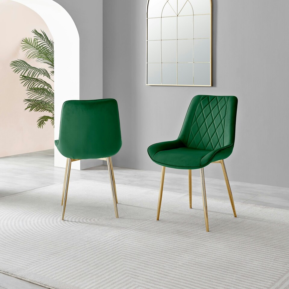 image 1 of Furniturebox 2x Pesaro Green Velvet Gold Leg Luxury Dining Chairs