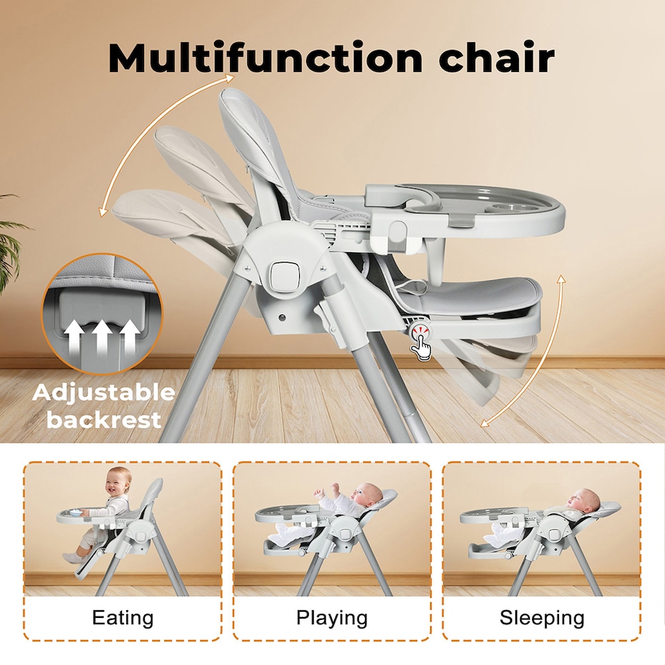 image 1 of Dekko Baby High Chair 4 in1 Foldable Toddler Feeding Table Adjustable Grey