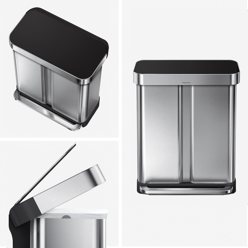 image 1 of Simplehuman 58L Recycling Rectangular Pedal Bin with Liner Pocket, Brushed Stainless Steel with Black Plastic Lid