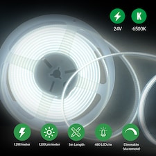 5 Meters Set of 24V Dotless COB Strip with 480 LEDsM Dimming Controller UK Adapter Plug 6500K