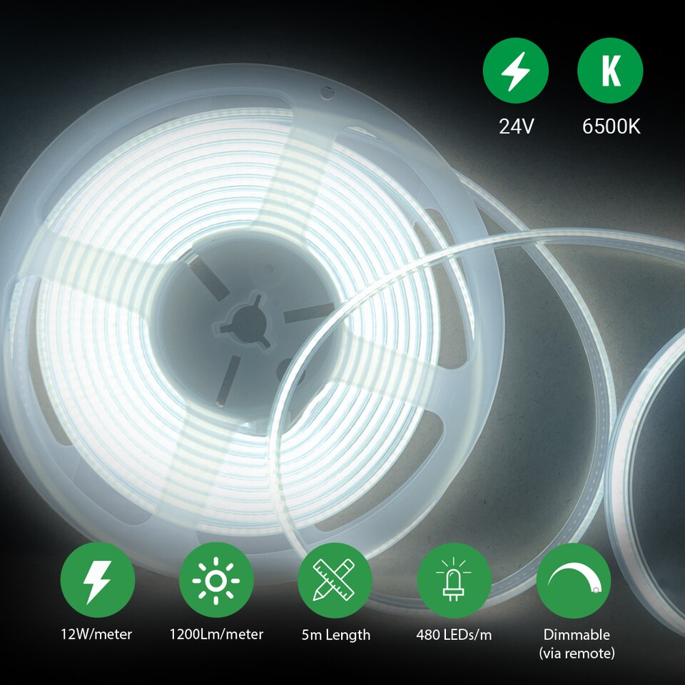 image 1 of 5 Meters Set of 24V Dotless COB Strip with 480 LEDsM Dimming Controller UK Adapter Plug 6500K