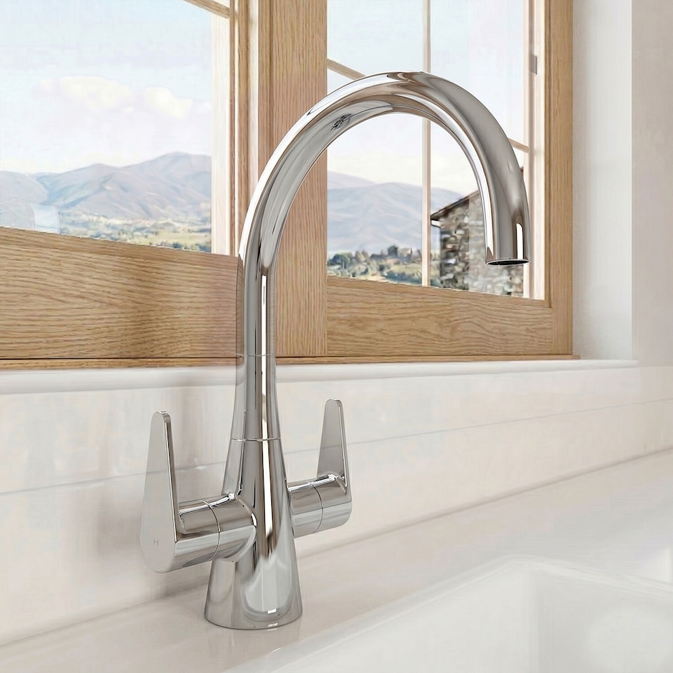 image 1 of Balterley Situla Kitchen Mono Mixer Tap with Dual Lever Handles, Curved Swivel Spout | Silver | Chrome | 1