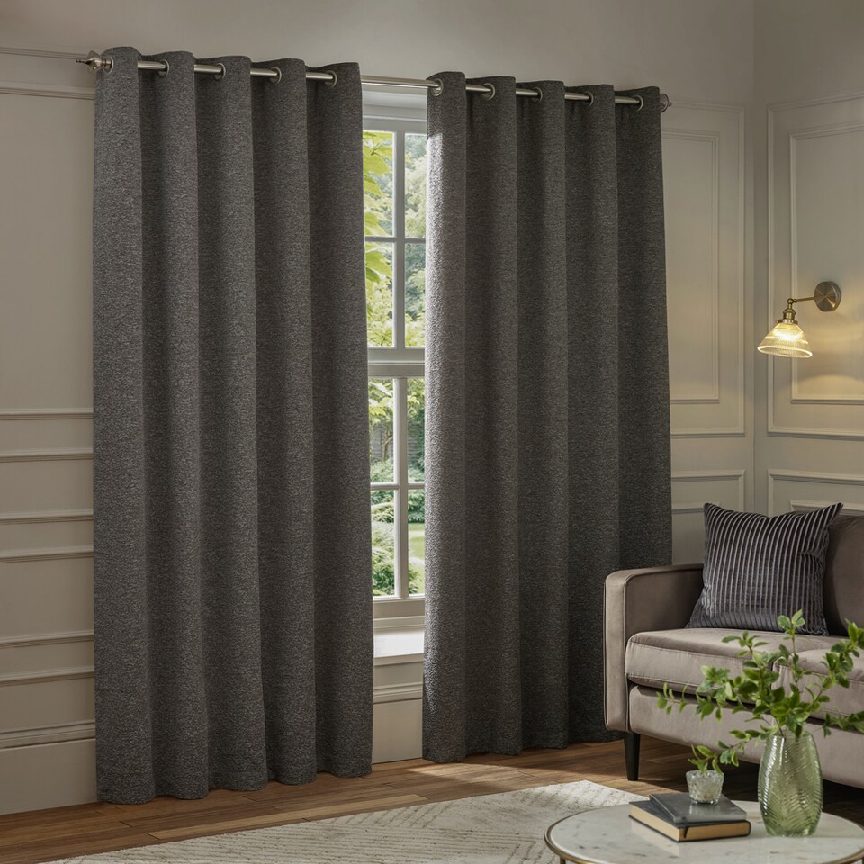 image 1 of Paoletti Galaxy Fully Lined Chenille Eyelet Curtain Pair, 168cm width x 183cm drop | Grey | Charcoal | 1