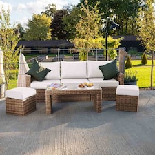 Luxury Rattan 5 Seater Sofa Set with Coffee Table and Footstools in Natural