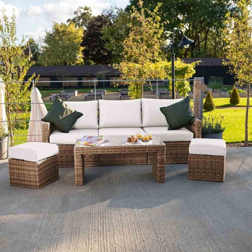 image 1 of Luxury Rattan 5 Seater Sofa Set with Coffee Table and Footstools in Natural