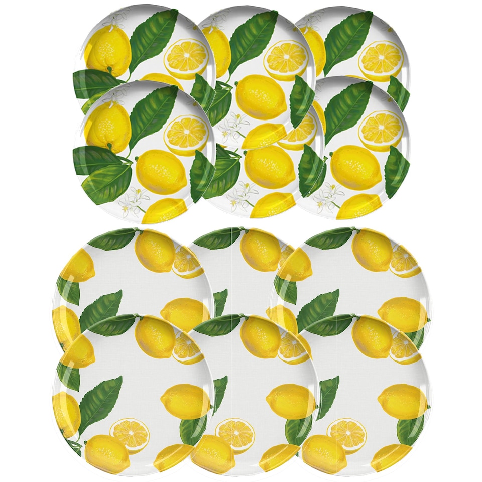 image 1 of Lemon Fresh 12 Piece Melamine/Plastic Dinner & Side Plates - Set for 6 | Yellow | Set for 6