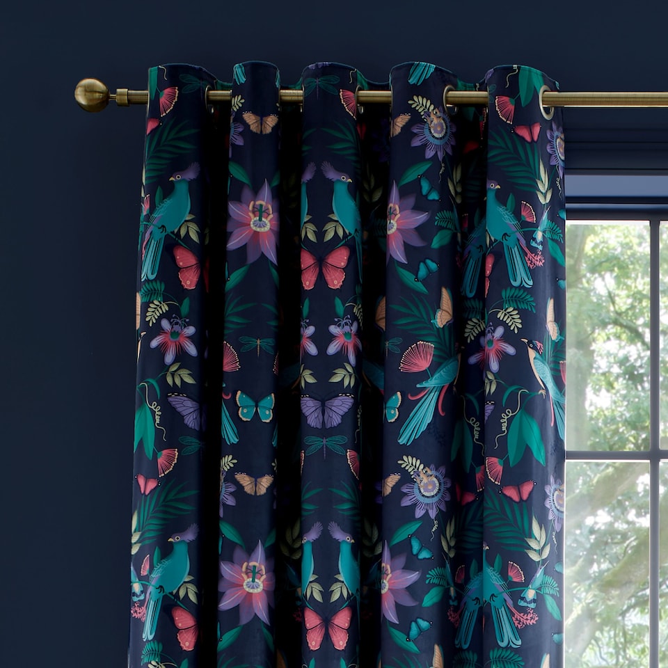 image 1 of Catherine Lansfield Mya Tropical Birds Eyelet Curtains | Blue | Navy Blue