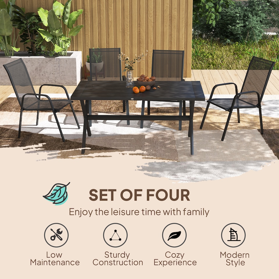 image 1 of Outsunny 4 Pieces Garden Chairs, Stackable Outdoor Chairs with High Backrest and Armrest, Breathable Mesh Fabric Dining Chair Set of 4, Black