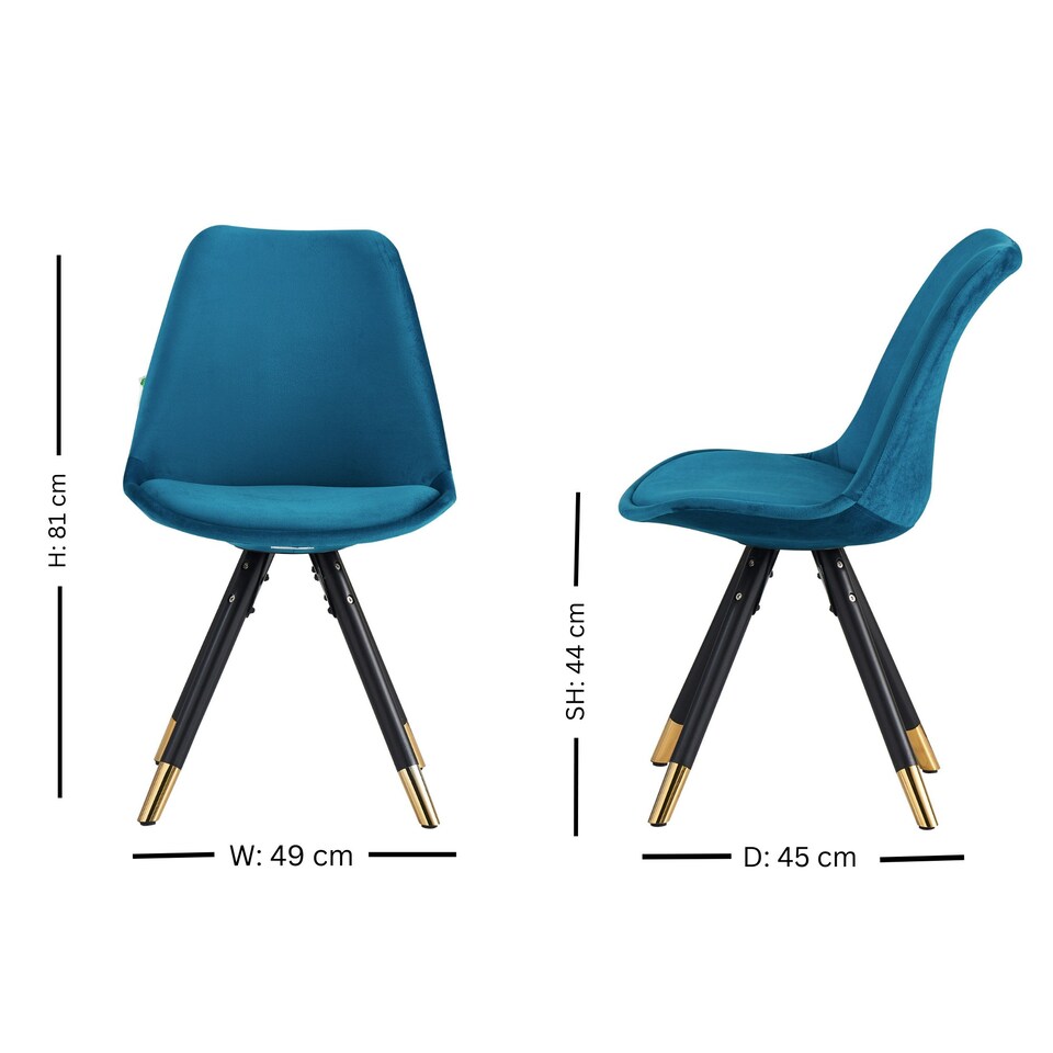 image 1 of Set of 2 Sofia Ergonomic Modern Dining Chairs Upholstered in Velvet, Metal Legs with Gold End Tips Blue