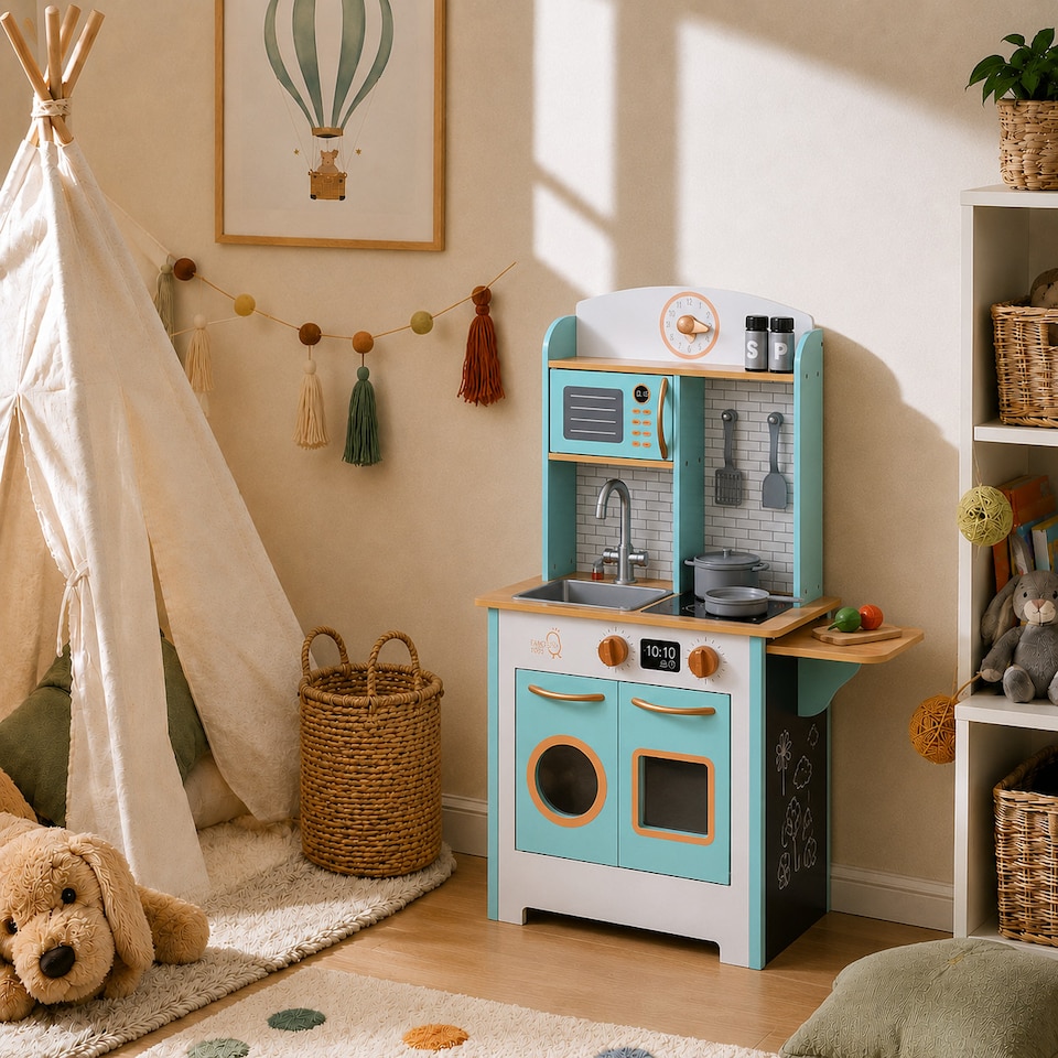image 1 of Teamson Kids Play Kitchen, Small Retro Aqua Wood, Little Chef Santos
