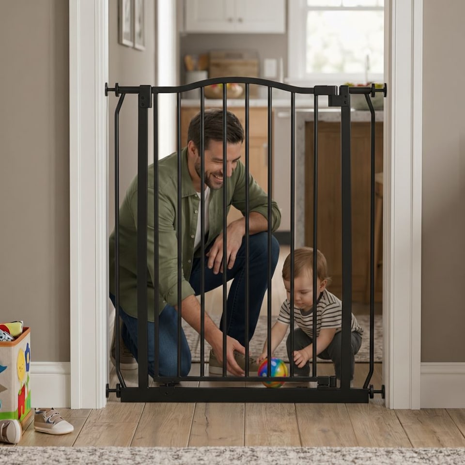 image 1 of Safetots Extra Tall Curved Top Safety Gate, 125cm - 134cm, Matt Black, Extra Tall 100cm in Height, Pressure Fit Stair Gate, Baby Gate for Doors Hallways and Spaces, Safety Barrier, Easy Installation